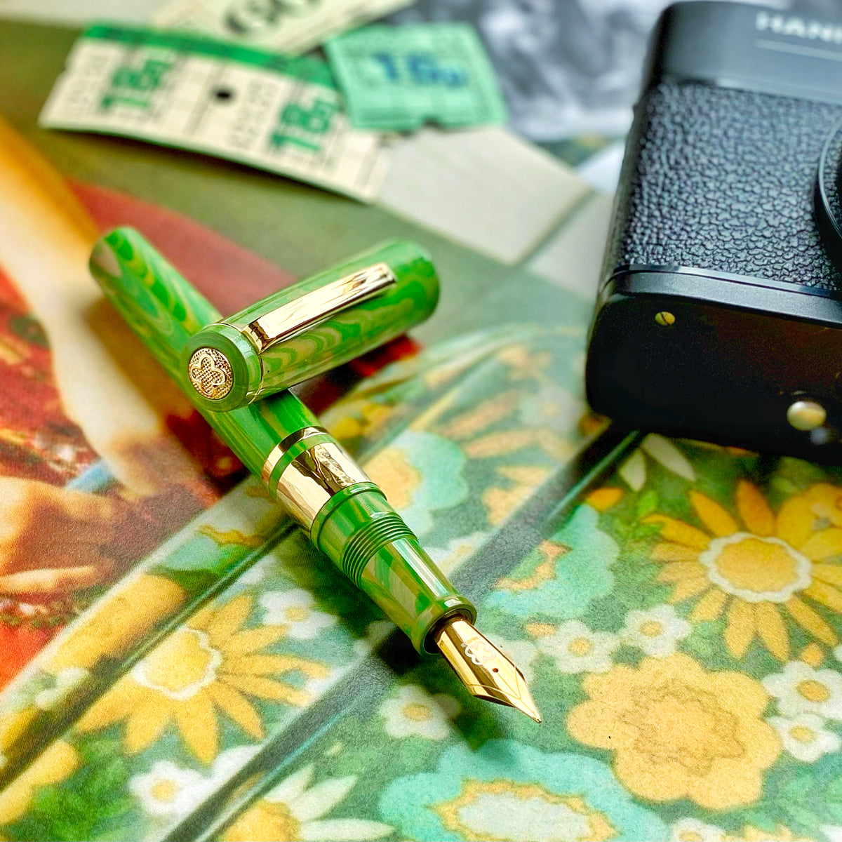 JR Pocket Pen - Model J Lotus Green Ebonite with Gold trim - Custom Gena Nib