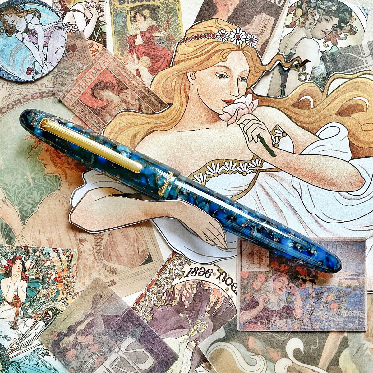 Estie Regular Nouveau Blue Gold Trim Fountain Pen - Custom Scribe Nib