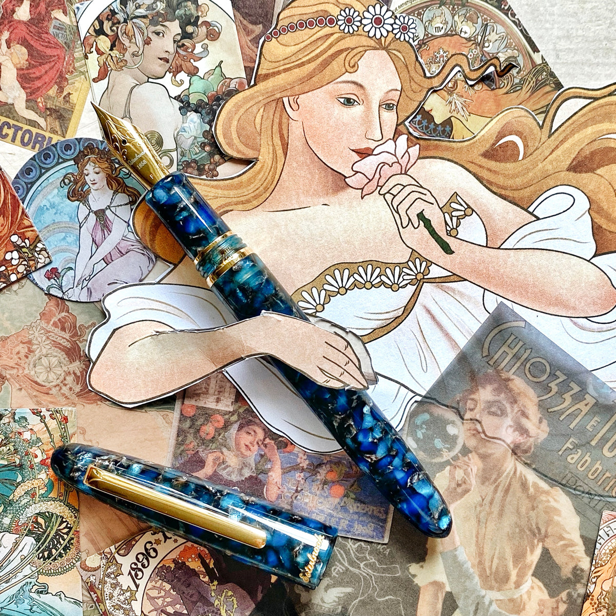 Estie Regular Nouveau Blue Gold Trim Fountain Pen - Custom Techo Nib